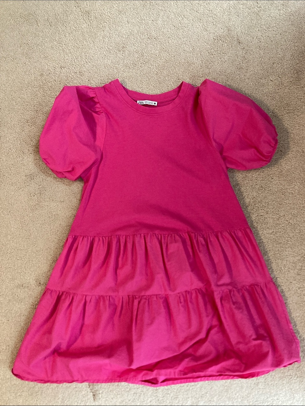Zara Bright Pink Puff Sleeve Tiered Dress